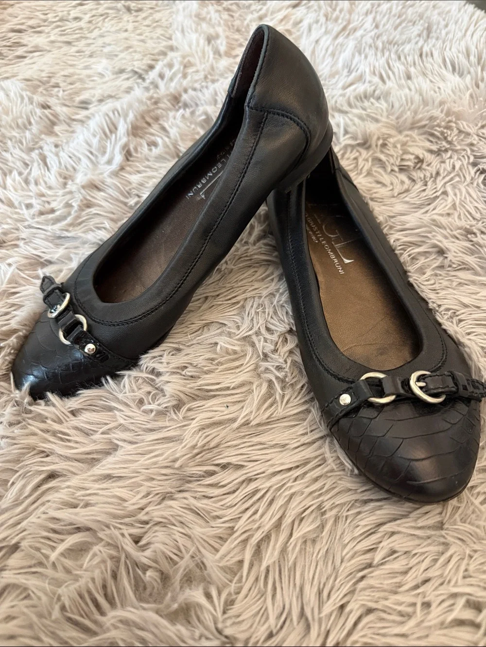 AGL Black Leather Ballet Flats with Textured Toe and Silver Buckle